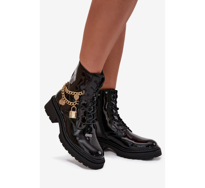 Lakované Botky Worker Se Zlatým Zateplené Černé model 21706803 - Boto