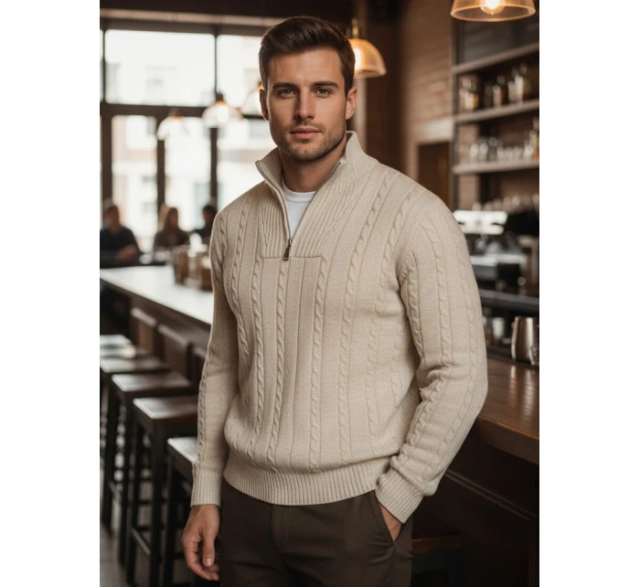 Pánsky sveter so stojacím golierom béžovej farby FashionStreet WX2327