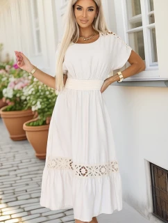 model 21214378 Jemné šaty v boho stylu s prolamovanými vsadkami ecru barva - numoco basic
