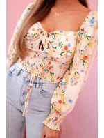 Dámska španielska blúzka s kvetinovým vzorom, dlhý rukáv, béžová