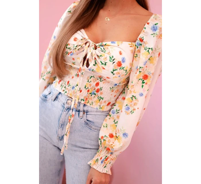 Dámska španielska blúzka s kvetinovým vzorom, dlhý rukáv, béžová