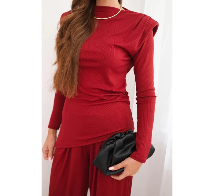 Dámská souprava z bavlny s model 21472127 a kalhotami s širokým nohavicí bordový - K-Fashion