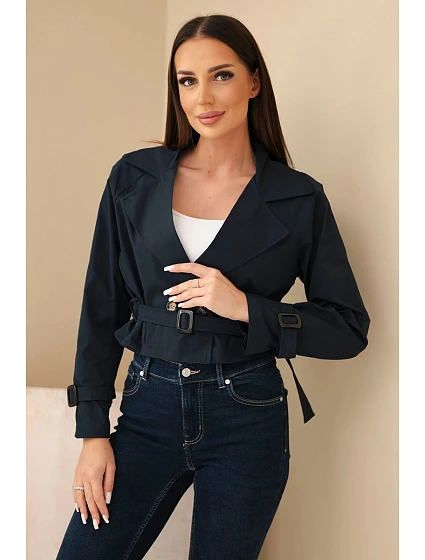 Dámská krátká model 22293778 viskózová bunda s páskem a klopami granátová - K-Fashion