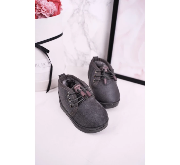 Dziecięce Sznurowane Śniegowce Ocieplone Futerkiem Szare Hunter