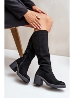 Zateplené kozačky na podpatku eko semišové nad koleno černé model 21675737 - Boto