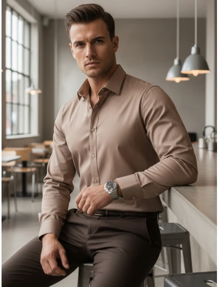 Pánska elegantná hladká béžová košeľa REGULAR FIT FashionStreet DX2686