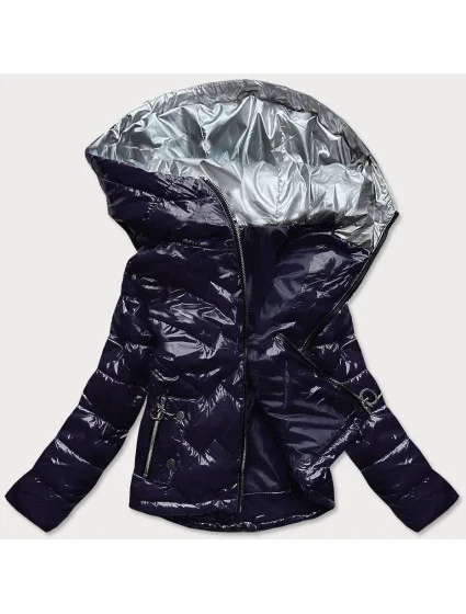 Tmavo modrá prešívaná dámska bunda s kapucňou (R9562)