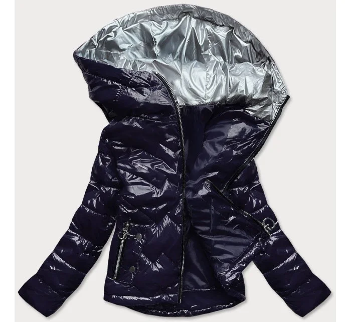 Tmavo modrá prešívaná dámska bunda s kapucňou (R9562)