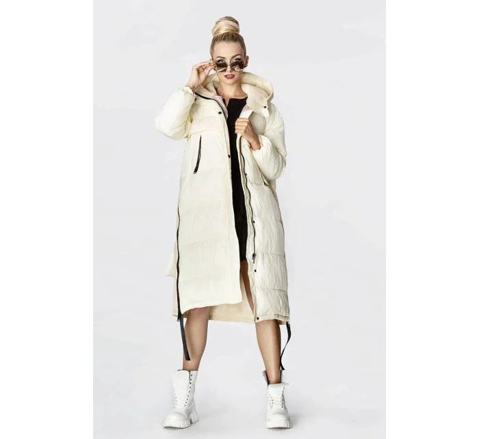 Dlhá zimná bunda v ecru farbe z rôznych materiálov (jin-210)