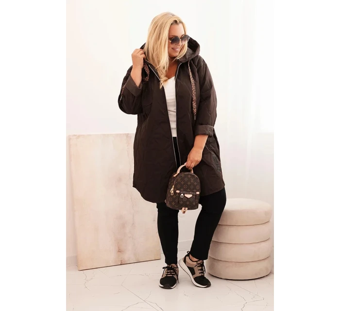 Dámská bunda Plus Size prošívaná s kapucí a nápisem HOPE hnědá