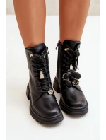 Eko Skórzane Botki Workery Damskie Z Przypinkami Czarne Rianael Eko Skórzane Botki Workery Damskie Z Przypinkami Czarne Rianael