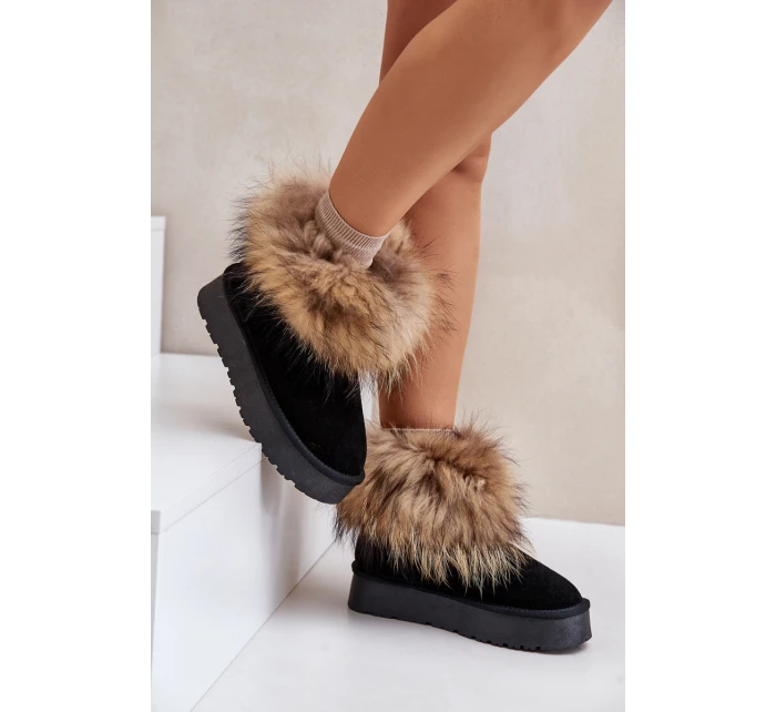 Skórzane Śniegowce Na Platformie Z Futerkiem Czarne Avirisa