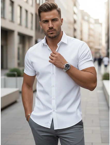 Koszula męska slim fit z krótkim rękawem biała model 22227923 - FashionStreet Koszula męska slim fit z krótkim rękawem biała model 22227923 - FashionStreet