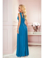 362-4 JUSTINE Dlhé šaty s výstrihom a viazaním - MODRÉ