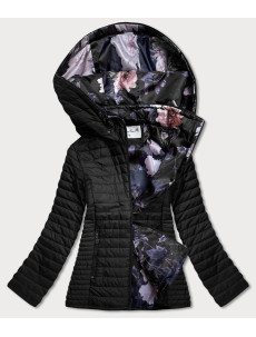Čierna dámska bunda s kvetovanou podšívkou (SF726)