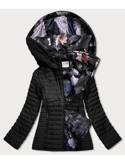 Čierna dámska bunda s kvetovanou podšívkou (SF726)