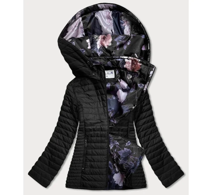 Čierna dámska bunda s kvetovanou podšívkou (SF726)