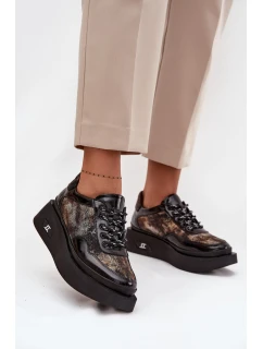 Skórzane Sznurowane Półbuty Damskie Na Platformie Artiker 57C2042 Czarno-Złote