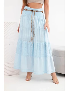 Dámska maxi bavlnená sukňa s čipkovou výšivkou a elastickým pásom modrá