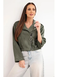 Dámska semišová viskózová bunda s asymetrickým zipsom v khaki farbe