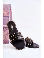 Damskie Skórzane Klapki Z Ozdobą Czarne Brien