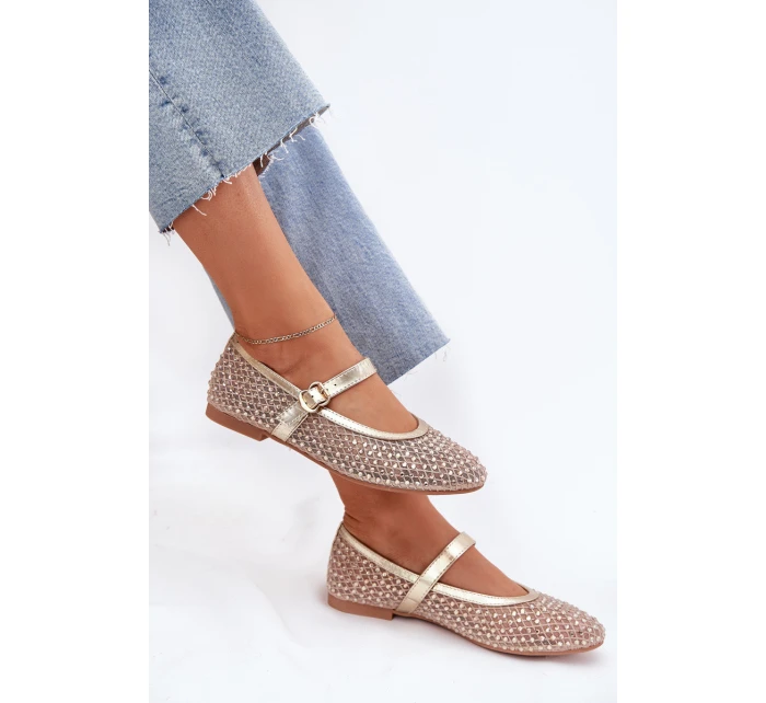 Zdobione Baleriny Damskie Z Paskiem I Klamrą Złote Avirae Zdobione Baleriny Damskie Z Paskiem I Klamrą Złote Avirae