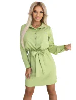 284-3 CAMILLE Košeľové šaty s vreckami a kravatou - OLIVE