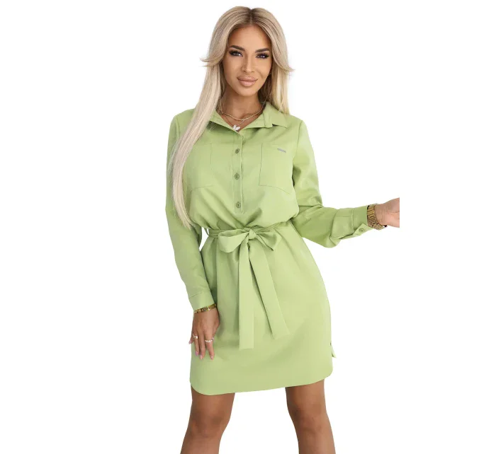 284-3 CAMILLE Košeľové šaty s vreckami a kravatou - OLIVE