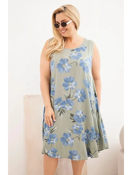 Dámske plus size viskózové šaty s kvetinovým vzorom na khaki ramienkach Dámske plus size viskózové šaty s kvetinovým vzorom na khaki ramienkach