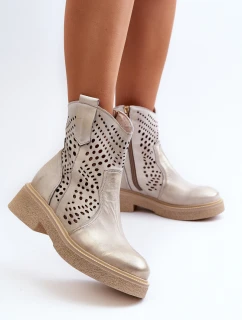 Zazoo 3470 Skórzane Botki Damskie Na Płaskim Obcasie Ażurowe Złote Przecierane