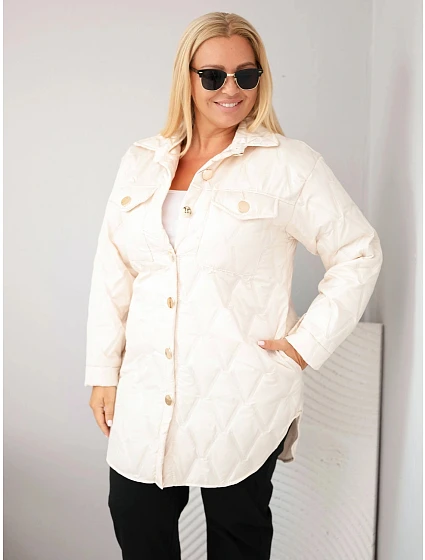 Dámska prešívaná bunda vo veľkosti Plus Size s golierom a vreckami, svetlo béžová