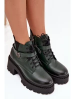 Skórzane Botki Damskie Na Klocku Z Ozdobnym Paskiem Ocieplane Zazoo 60557 Ciemnozielone
