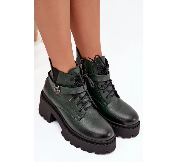 Skórzane Botki Damskie Na Klocku Z Ozdobnym Paskiem Ocieplane Zazoo 60557 Ciemnozielone