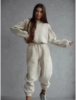 Dámska béžová bavlnená tepláková súprava s krátkou mikinou (82160)