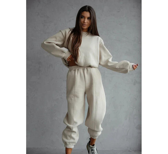 Dámska béžová bavlnená tepláková súprava s krátkou mikinou (82160)