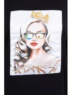 Blúzka s grafikou dievčatá v 3D okuliaroch čierna