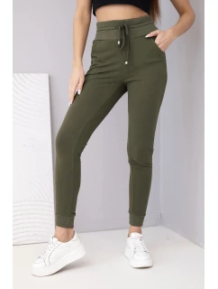 Dámske tepláky s vysokým pásom a šnúrkou na stiahnutie v khaki farbe