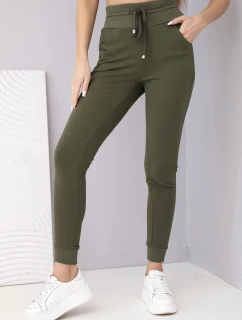 Dámské teplákové kalhoty s vysokým pasem a šňůrkou khaki