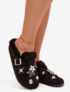 Dámske papuče s ozdobami a prackou, zateplené kožušinou - čierne Thalora