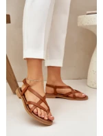 Skórzane Płaskie Sandały Z Przeplatającymi Się Paseczkami Zazoo 40429 Brązowe