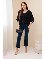 Dámsky bavlnený sveter azura s krátkymi rukávmi a zapínaním na gombíky čierny