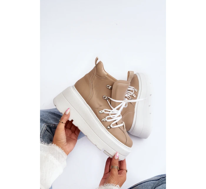 model 21647314 Kožené Dámské Sportovní Boty Beige - Zazoo