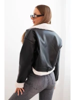 Dámska pilotná bunda z ekokože s kožušinou a opaskom 34094 black - Kesi