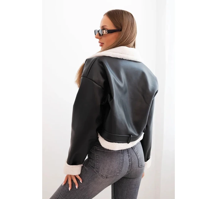 Dámska pilotná bunda z ekokože s kožušinou a opaskom 34094 black - Kesi