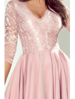 NICOLLE - Dámske šaty v púdrovo ružovej farbe s dlhším zadným dielom as čipkovaným výstrihom 210-11