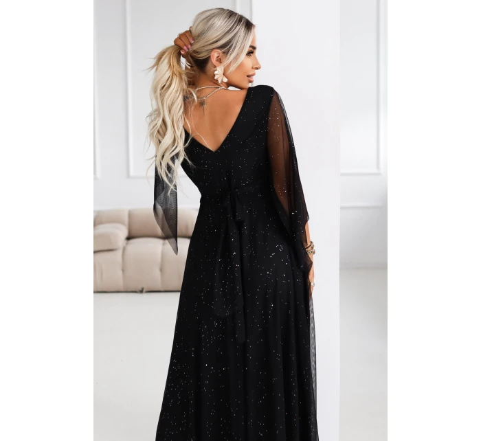 Dlouhé lehké třpytivé šaty s výstřihem a rukávy černé model 21802210 - numoco basic Dlouhé lehké třpytivé šaty s výstřihem a rukávy černé model 21802210 - numoco basic