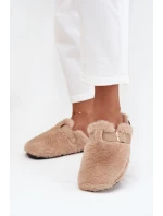 Futrzane Klapki Damskie Na Platformie Z Paskiem I Klamrą Beżowe Noraline