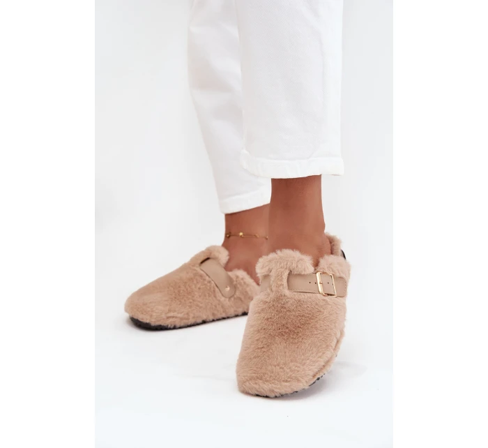 Futrzane Klapki Damskie Na Platformie Z Paskiem I Klamrą Beżowe Noraline
