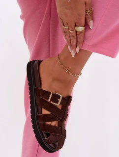 Dámské pantofle s pásky a zlatým přezkou Čokoládové model 21956066 - Boto