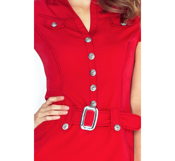 Dámske šaty elegantné značkové s opaskom a krátkym rukávom červené - Červená - Numoco